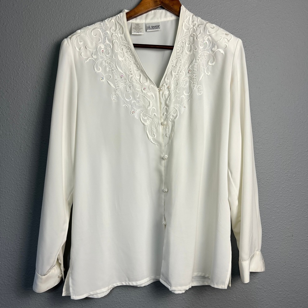 Liz Baker Essentials 80s White Embroidered Beaded Blouse‎ Women's Plus Size 16W
